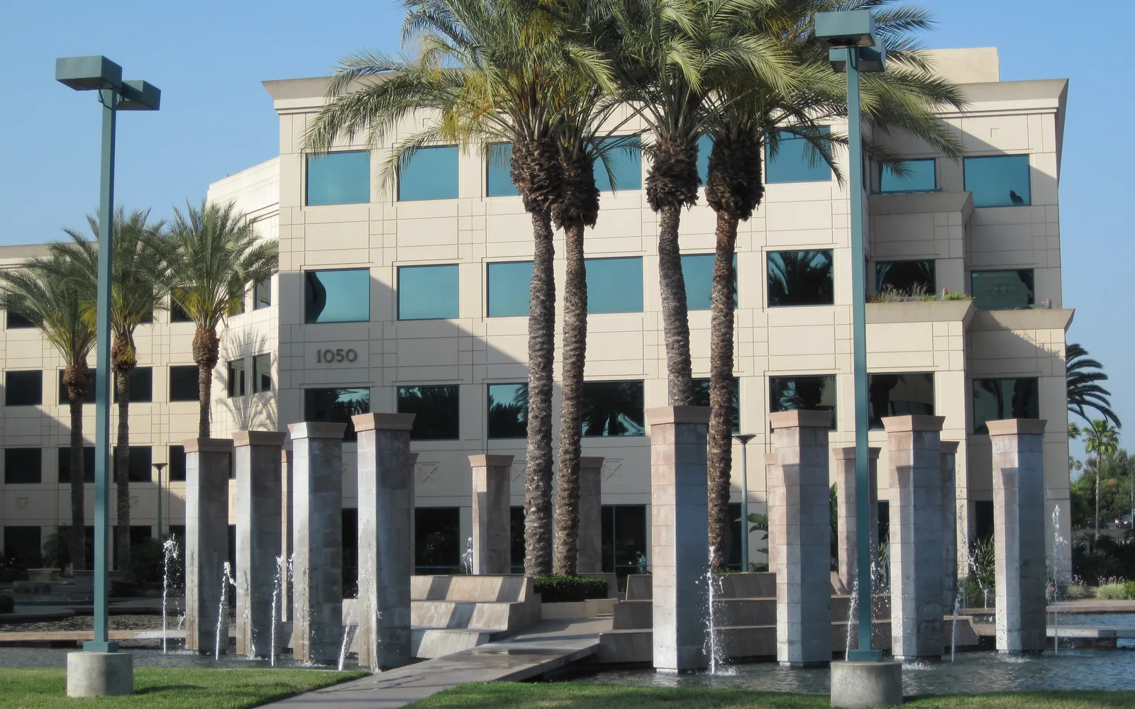Fountains and landscaped plaza at 1050 Lakes Drive in Downtown West Covina, photographed in 2010; modern downtown context, not a preserved historic building.